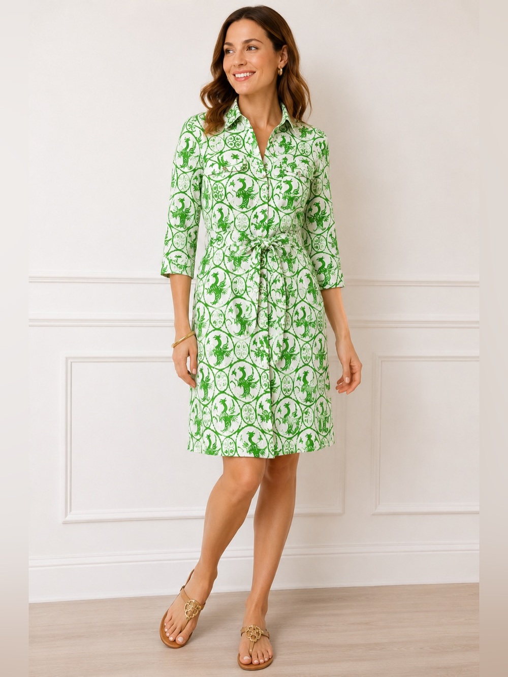 McLaughlin Catalina Cloth Shirt Dress Green White Griffin Crest Print Belted S